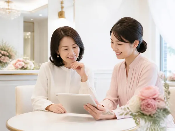 サロンでタブレットを見ながら相談する女性たち
