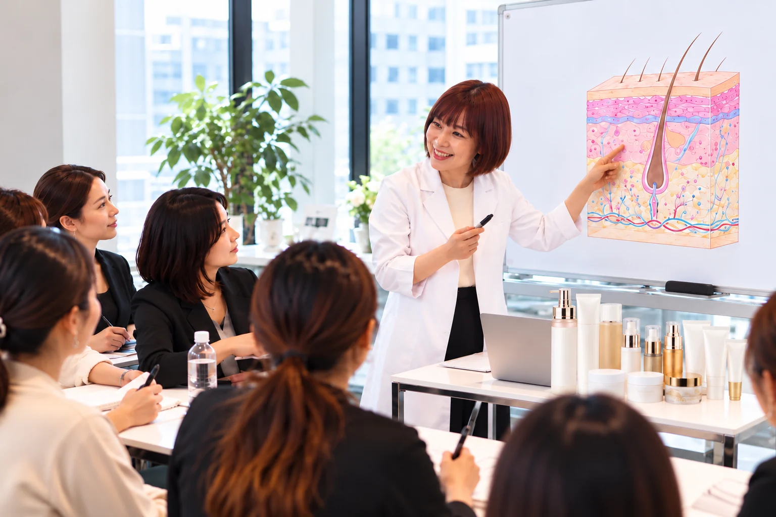 肌の構造図を使った肌理論の講義