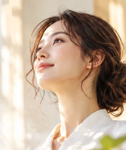 前を見つめてほほえむ女性
