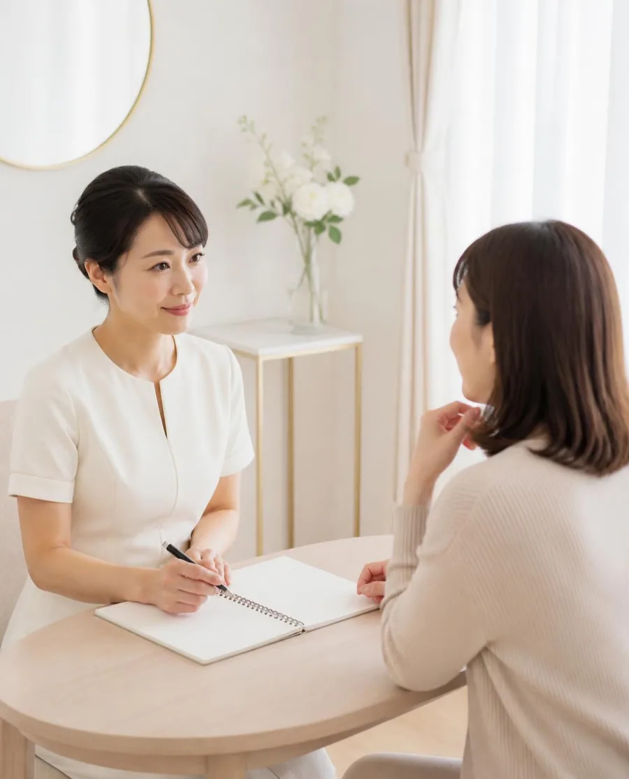 テーブルをはさんでお客様の肌の悩みを聞くエステティシャン