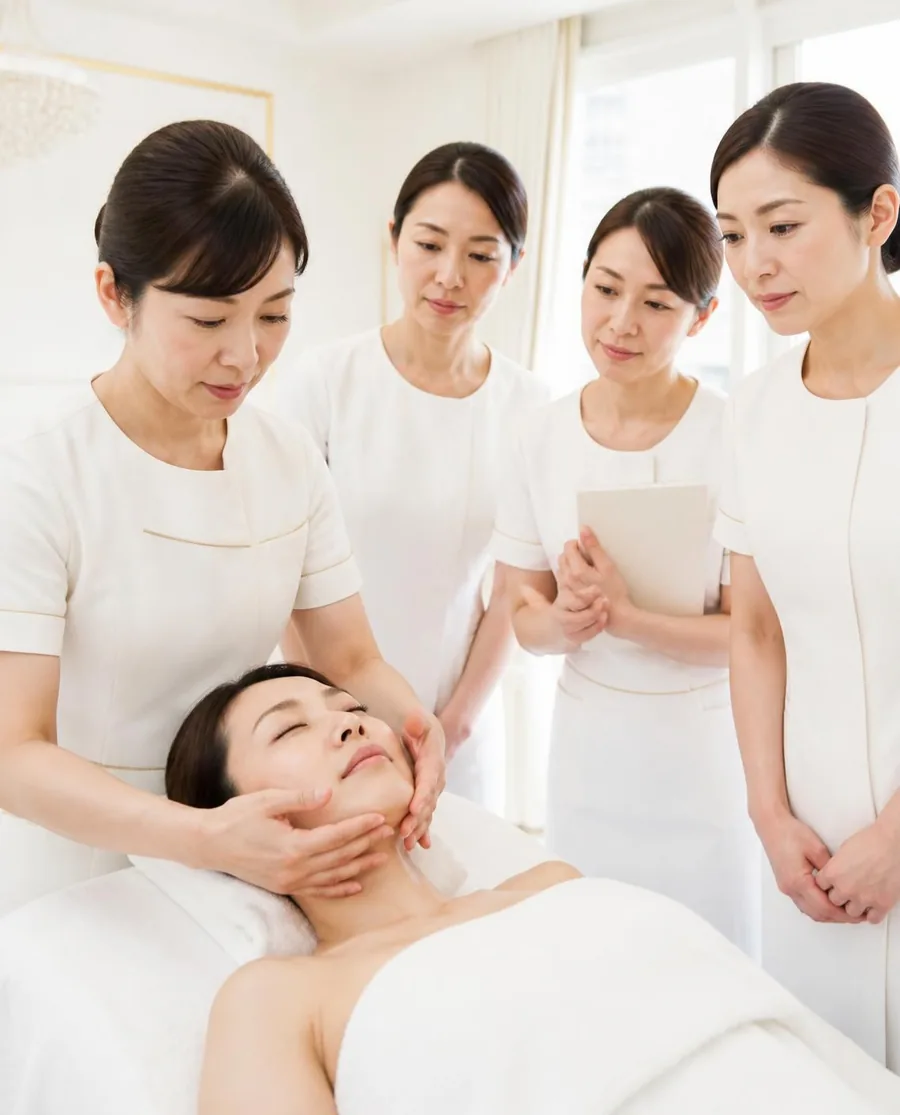 講師の手技を少人数で見学するエステティシャン